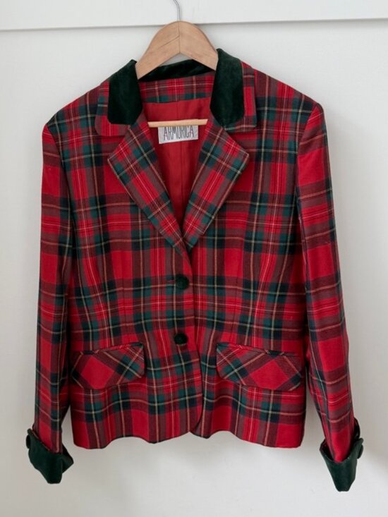 Armorica Jackets & Blazers - Vintage ARMORICA Italy Red Plaid 100% Wool Blazer Velvet Trim Collar Accent